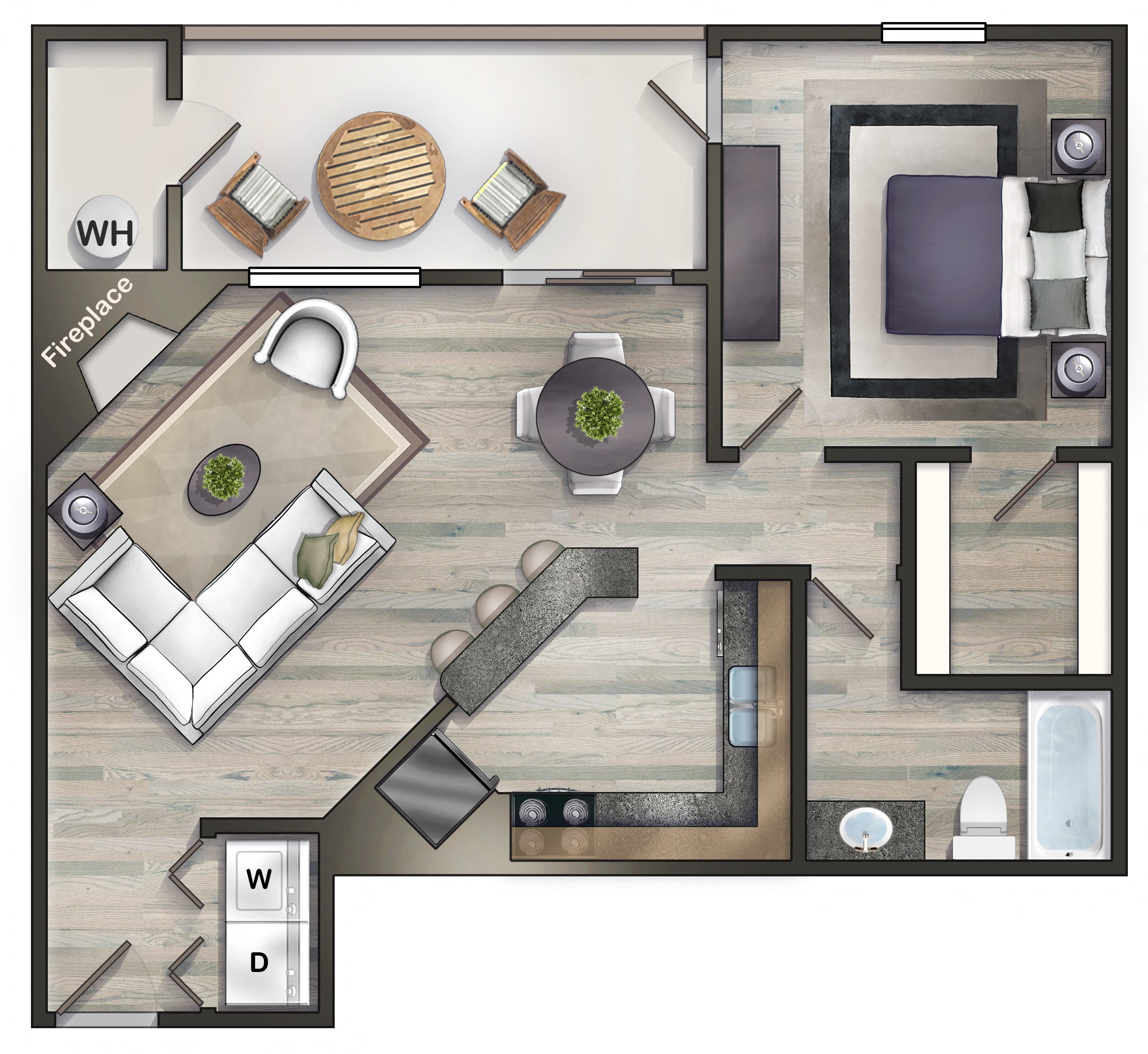 Floor plan for 1 bed, 1 bath, 700 sqft